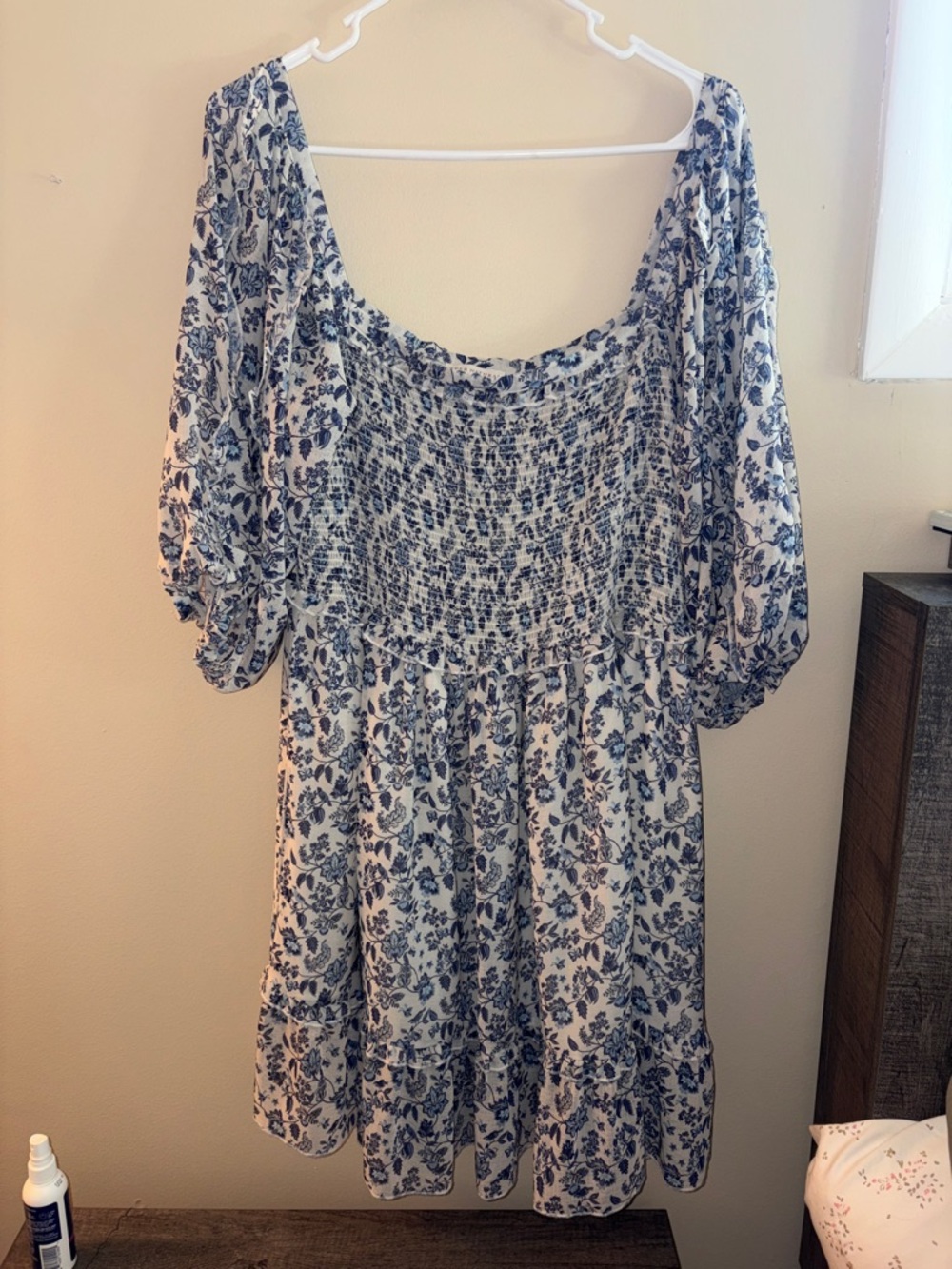 Smocked Blue Floral Mini Dress with Puff Sleeves